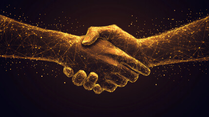 Vector illustration of a low poly business handshake with a golden dust effect. The design features sparkling stardust and glittering gold particles against a dark background. The handshake is depicte