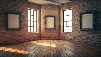 Three blank frame in brick loft room