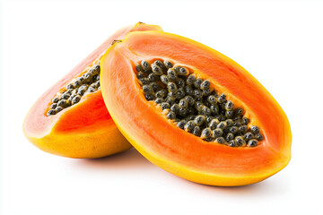 Close up shot ripe papaya with seed isolated on white background, Tropical juicy fruit concept.
