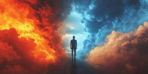 Man Standing Between Fiery Past and Serene Future