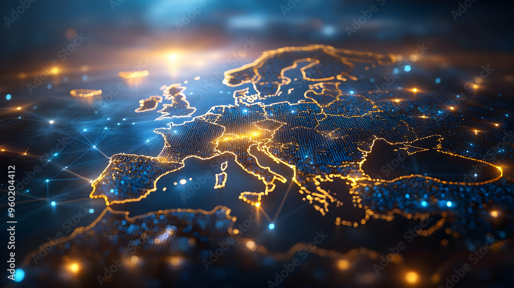 Poster a digital representation of europe with illuminated connections.