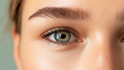 Obraz premium Close-up of a woman s focused eyes during a yoga pose, intense discipline, soft studio lighting