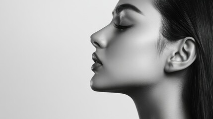 Obraz premium Beauty girl in profile view, showcasing flawless skin and a defined nose, against a clean white background, highlighting the elegance of facial contours