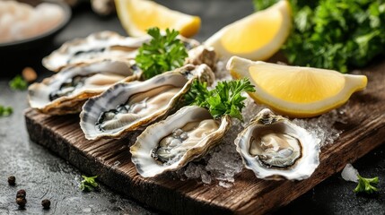 Big fresh oysters on ice, garnished with lemon wedges and parsley, displayed on a rustic wooden table in a seafood market.