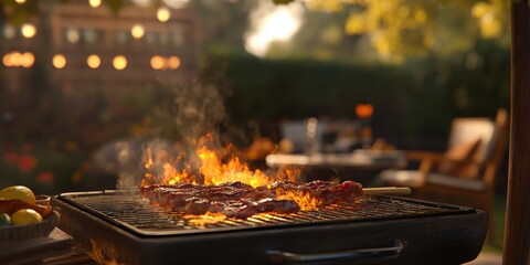 A backyard barbecue featuring a blazing grill with sizzling meat, set against a cozy outdoor setting 