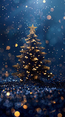 Obraz premium Luxury christmas and happy new year concept background,paper cut style, glittering gold christmas tree with stars on dark blue bokeh background