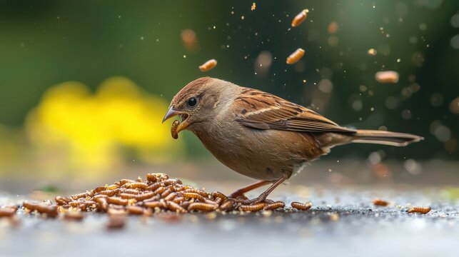 4h a bird eating dried mealworms, dried mealworms falling to the ground