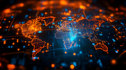 Fototapeta premium A digital world map with glowing connections and circuits.