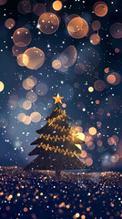 Luxury christmas and happy new year concept background,paper cut style, glittering gold christmas tree with stars on dark blue bokeh background