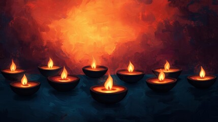 Fototapeta premium Digital painting of an Indian temple surrounded by floating diya lamps during Diwali, spiritual serenity, festival of lights