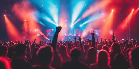 An enthusiastic concert audience immersed in a dynamic and colorful light display 