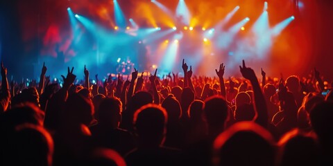 An enthusiastic concert audience immersed in a dynamic and colorful light display 