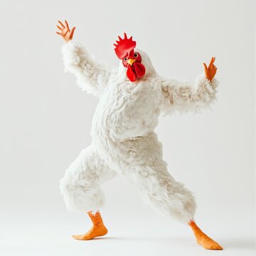 A person in a white chicken costume dances with a white background.