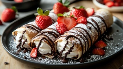 Chocolate mille crepes roll filled with sweet strawberries and whipped cream, topped with a delicate dusting of chocolate for a rich, indulgent dessert