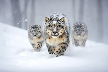 Snow Leopard Animal Family Wandering Calmly Peaceful In the Nature Outdoor