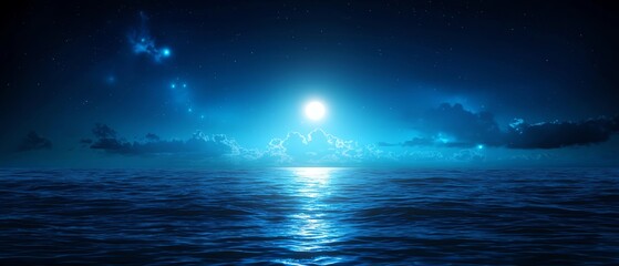 A serene night landscape with glowing blue water reflecting a luminous moon, surrounded by dark clouds and stars.