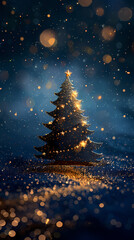 Luxury christmas and happy new year concept background,paper cut style, glittering gold christmas tree with stars on dark blue bokeh background