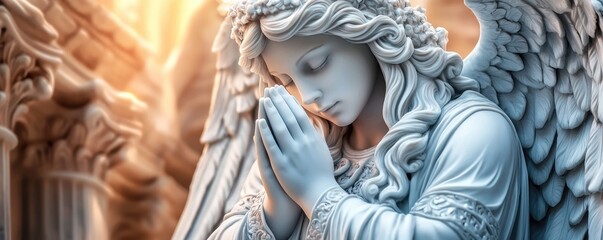 Fototapeta premium Heavenly Angel Statue in Prayer, Embracing Eternal Peace and Tranquility in the Afterlife, Bathed in Divine Light, Symbol of Hope, Serenity, and Faith