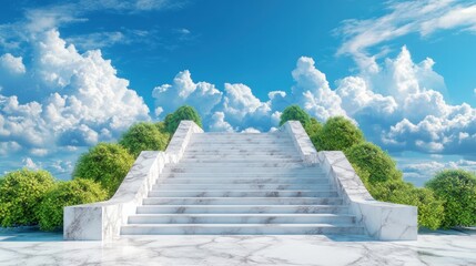 Stairway To Heaven A Symbolic Representation of Hope, Spiritual Journey, and Eternal Inspiration, White Marble Steps Leading Upward Towards a Bright Blue Sky with Fluffy Clouds