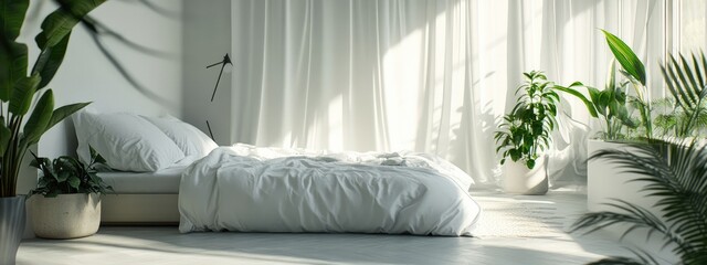 Zen Inspired White Bedroom with Earthy Tones and Planters