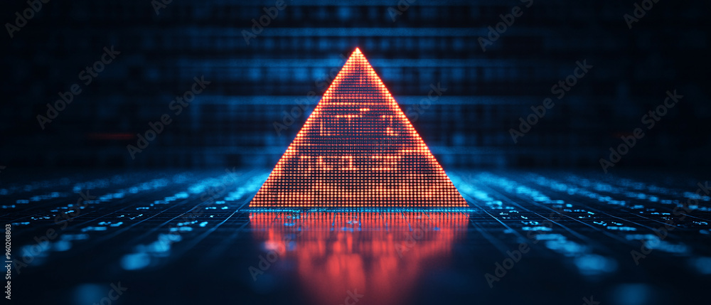 Wall mural A futuristic pyramid design illuminated in red against a blue digital backdrop, symbolizing technology and innovation.