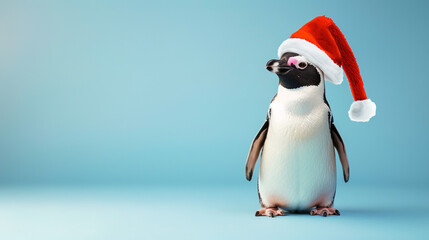 Fototapeta premium penguin with christmas hat on blue background