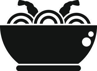 Simple vector icon of a big bowl of steaming hot ramen noodles with two shrimp on top