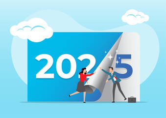 business people turning pages on calendar for the new year.