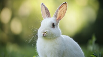 Fototapeta premium Close-up of a fluffy white rabbit in an outdoor farm setting, ears upright and alert, with a natural backdrop of fields and green foliage