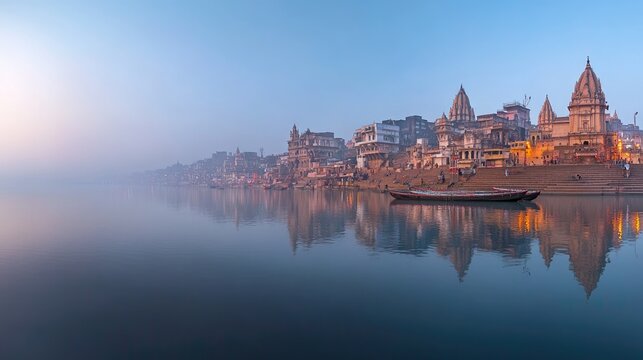 A panoramic view of the Ganges River in Varanasi, with ghats and temples reflecting in the water, devoid of any people