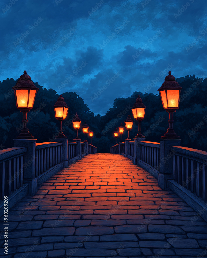 Aufkleber A serene night view of a bridge illuminated by glowing lanterns under a cloudy sky, creating a magical ambiance.