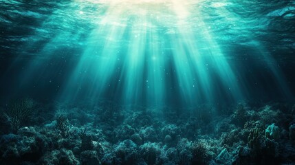 Obraz premium Underwater Paradise Divine Light Beams Through Tranquil Ocean Depths, Celestial Beauty, Eternal Serenity