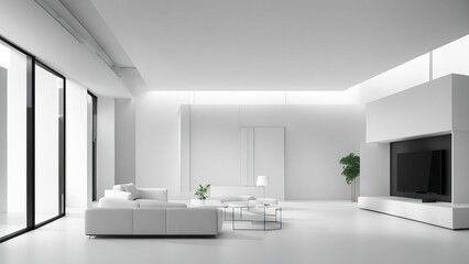 Minimalist living room interior with white walls, furniture, and a large window.  A flat screen TV is mounted on the wall, and a plant is in the corner.