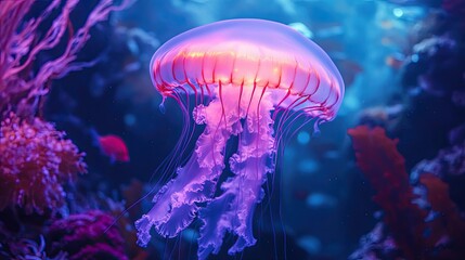 Close-up of a neon-lit jellyfish in an aquarium, its delicate tentacles moving gracefully among fish and corals, showcasing the beauty of ocean wildlife
