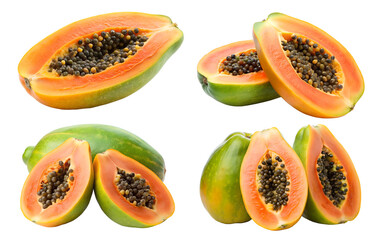 We isolated papaya fruits. Collection of papaya pieces isolated on transparent background. The concept of tasty and healthy food.