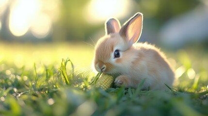Fototapeta premium Close-up of a tiny furry bunny munching on fresh grass and baby corn, sitting on a green grass meadow, with a blurred natural background