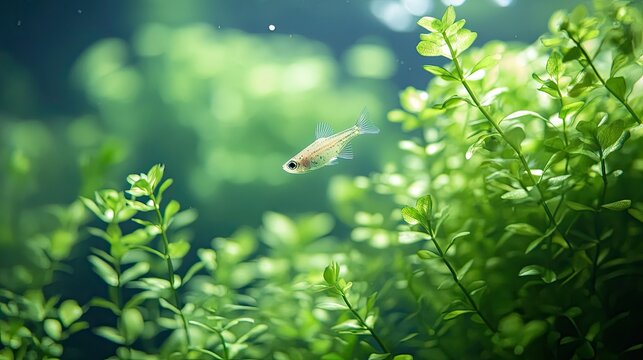 Close-up of a tiny fish darting among lush green aquatic plants in an aquarium, capturing the serene underwater beauty in Chonburi, Thailand