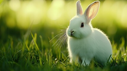Fototapeta premium Close-up of a white rabbit in a grassy farm field, its fur bright against the green backdrop, perfectly capturing the essence of rural farm life