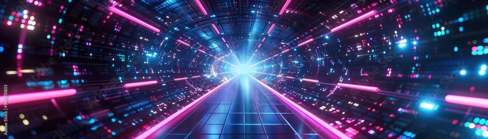 Poster a vibrant digital tunnel with neon lights and futuristic patterns, creating an immersive visual expe