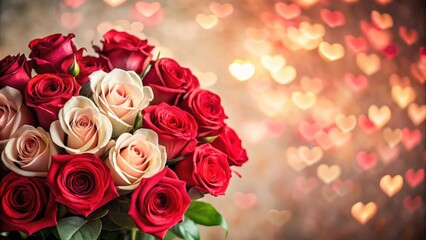 A beautiful bouquet of roses against a background of hearts