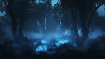 Obraz premium Enchanted Forest with Lightning and Mist