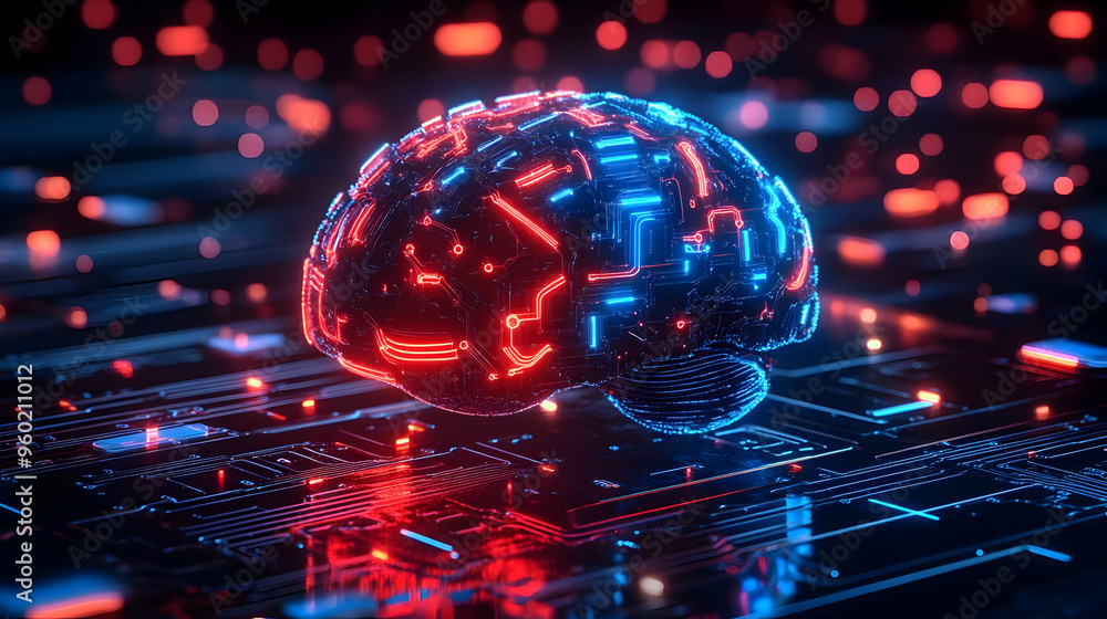 Canvas Prints A futuristic brain design illuminated with blue and red lights.