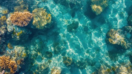Aerial view of clear blue water with coral reefs and rocks beneath the surface.