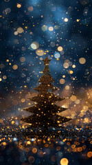 Obraz premium Luxury christmas and happy new year concept background,paper cut style, glittering gold christmas tree with stars on dark blue bokeh background