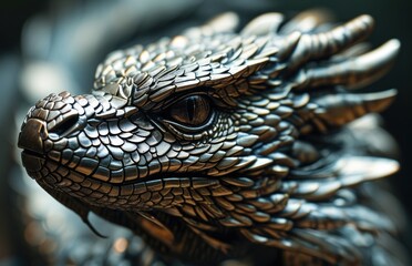 Close-up of a metal dragon statue on a black background