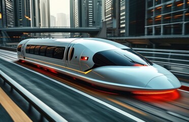 Train traveling on tracks amidst urban skyscrapers.