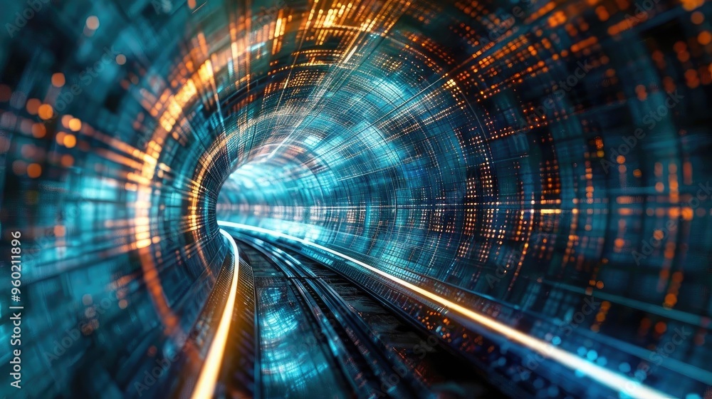 Poster a futuristic tunnel displaying dynamic lights and vibrant colors. ideal for technology and digital c