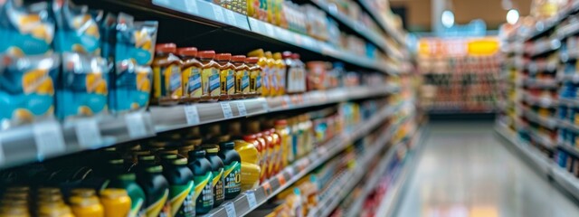 Fototapeta premium Supermarket aisle with various food products displayed on shelves