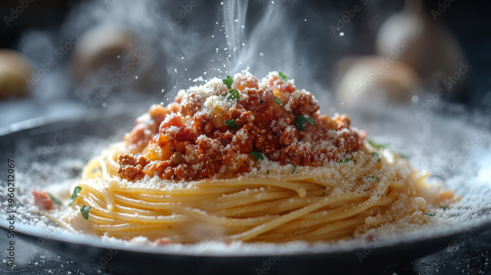 Poster spaghetti bolognese steam.