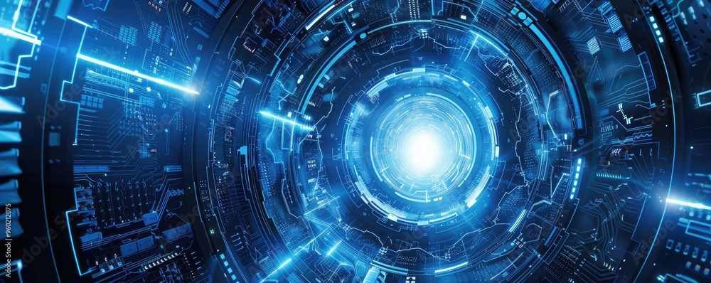 Poster futuristic digital tunnel with glowing light and intricate technology patterns, perfect for science 